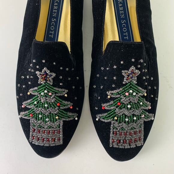 Vintage Karen Scott Black Velvet Christmas Tree Flats Beaded Size 8B Holiday - Picture 3 of 12
